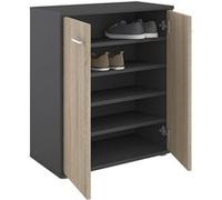 IDIMEX Meuble à Chaussures Olympe, Commode Meuble de Rangement avec 2 Portes avec 4 tablettes intérieures, en mélaminé Gris Mat et décor chêne Sonoma