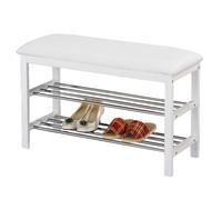 Meuble à chaussures SANA banc avec assise et 2 étagères rangement pour 8 paires en bois massif de coloris blanc Blanc G