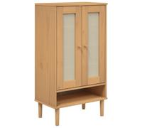 Meuble à chaussures Senja en bois massif de pin marron 59,5 x 35 x 107 cm | 5 compartiments, 2 portes, polyrotin bicolore, plateau décoratif, poignées en bois, fixation murale incluse