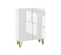 Meuble à chaussures style Art déco 2 portes 5 niveaux piètement épingle acier doré façade laquée blanc