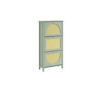 | Meuble à chaussures vert avec portes en rotin | Armoire de rangement à 3 portes | Buffet d'entrée en MDF | 62×25×121 cm | FSR222-GR