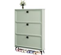 Meuble à chaussures vertical en bois fin et peu encombrant - Solution de rangement moderne - Blanc et vert/gris - Meuble de couloir élégant pour les petits espaces