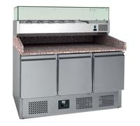 Meuble à pizzas réfrigéré positif 368 L 3 portes GN 1/1 + 6 bacs GN 1/3 (P)150 mm + plan de travail granit 600 W 220 V - MONO