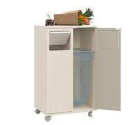 Meuble À Poubelle 2 Compartiments Blanc 46.7x35x80cm Aspect Bois Clair Roulettes Pour Cuisine Et Salle À Manger