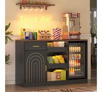 Meuble à Vin avec Compartiment pour Réfrigérateur, Meuble Bar avec Éclairage LED, Buffet Rétro pour Coin Café avec Prises, Tiroir, Porte et 3 Niches Ouvertes, pour Salon, Cuisine et Salle à Manger