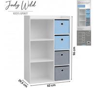 Meuble Armoire de rangement enfant 3 Niches avec 4 tiroirs intissés Bleu et Gris Judy Wild - L.62 x l.29.5 x H.96 cm