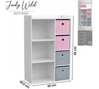 Meuble Armoire de rangement enfant 3 Niches avec 4 tiroirs intissés Rose et Gris Judy Wild - L.62 x l.29.5 x H.96 cm
