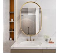 Meuble Armoire de salle de Bain 85cm - Miroir de salle de bain Ovale avec rangement - Miroir Mural - Étagères Réglables - Or