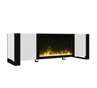 Meuble audiovisuel avec Insert électrique visuel Flamme, Rangement intégré fermé, Conception Moderne sans poignées, Base Robuste, Parfait pour Installation d’équipements électroniques (Noir+Blanc)