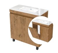 Meuble avec lavabo 80 cm Ribera, suspendu ou au sol, pour salle de bain, fermeture douce, panier à linge, ensemble de meubles de salle de bain avec lavabo, étagères supplémentaires. (chêne Lancelot