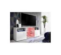 Meuble Banc TV Urbino Komodee - LED RGB - Blanc Brillant et Blanc - Facades en Brillant - 140 x 53 x 35 cm