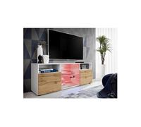 Meuble Banc TV Urbino Komodee - LED RGB - Bois Naturel Mat et Blanc - Facades en Mat - 140 x 53 x 35 cm