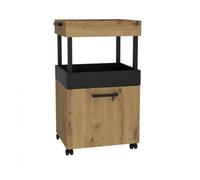 Meuble bar 1 porte 2 plateaux pieds roulettes chêne noir mat - BENJI - Style campagne - Finition mat