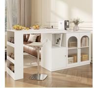 Meuble Bar Moderne Blanc avec Table de Bar Pivotante 360° et Rangement Latéral, Vitrine en Verre Cannelé, MDF, 120x40x97 cm