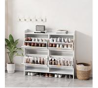 Meuble bas à chaussures blanc soft white 4 clapets et niches ouvertes 110x24x90 cm - Entrée ou couloir