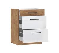 Meuble bas casserolier - Mélaminé chêne Lancelot et blanc brillant - 60 cm - 3 Tiroirs - Plan de travail non inclus