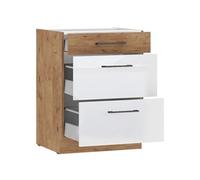 ROCK Meuble bas casserolier Mélaminé chene Lancelot et brillant 60 cm 3 tiroirs Pla