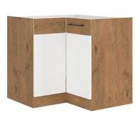 Meuble bas d'angle - Mélaminé chêne Lancelot et blanc brillant - 89 x 89 cm - Plan de travail non inclus
