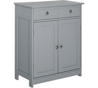 Meuble bas de salle de bain sur pied 2 portes avec étagère réglable 2 tiroirs poignées boutons métal MDF gris