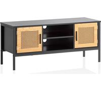 Meuble bas noir / chêne avec rotin de Vienne 110x48x40 cm Meuble TV intemporel, meuble TV design haut, meuble TV avec portes, meuble TV salon en rotin | Wohnling