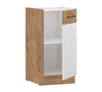 Meuble bas ROCK 40 cm Mélaminé Chêne Lancelot et blanc brillant 1 porte battante Blanc