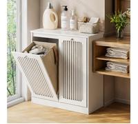 Meuble bas salle de bain armoire à linge façade à lamelles abattant 2 compartiments blanc MDF autoportant JOINERY