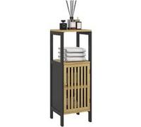 HOMCOM Meuble Bas de Salle de Bain en Bambou avec Placard 1 Porte Niche Ouverte 32 x 30 x 90,5 cm, Noir et Bois