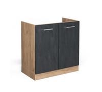 Meuble bas sous-évier R-Line, 80cm sans PT, Béton noir, Chêne de force doré, Vicco