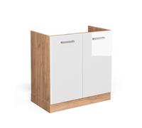 Meuble bas sous-évier R-Line, 80cm sans PT, Blanc Haute brillance, Chêne de force doré, Vicco