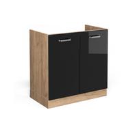 Meuble bas sous-évier R-Line, 80cm sans PT, Noir Haute brillance/Chêne de force doré, Vicco 41098