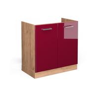 Vicco Meuble Bas sous-évier R-Line, Rouge Bordeaux Haute Brillance/Chêne de Force doré, 80 cm sans Plan de Travail