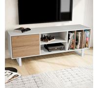 Meuble blanc avecReproduction chêne 150x55x40 cm meuble tv moderne, meuble tv design haut, meuble tv table avec tiroirs et étagères, meuble tv salon | Wohnling