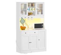 Meuble Buffet Cuisine avec LED et Multiprise, Armoire Cuisine avec Plan de Travail, 4 Compartiments Fermés, Tiroir avec Séparateurs Ajustables, 4 Crochets, Étagères Réglables, 103,5x40x180 cm, Blanc