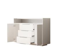 Meuble buffet multifonction éclairage LED contrôlable, compartiment ouvert supérieur, trois tiroirs glissières métalliques, portes latérales, coins arrondis, finition mate, assemblage requis