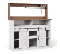 Meuble café campagnard multifonction, porte-verres suspendu, prises intégrées 2AC 2USB, buffet rangement bouteilles, crochets S, portes coulissantes, bar maison, vaisselle, salon cuisine (Blanc)