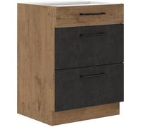 Meuble casserolier ROCK - Mélaminé décor chêne lancelot et gris matera - 3 tiroirs - L60 x H82 cm