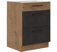 Meuble casserolier ROCK - Mélaminé décor chêne lancelot et gris matera - 3 tiroirs - L60 x H82 cm