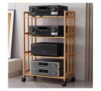 meuble chaine hifi Support audio multimédia en bambou avec roulettes, hauteur réglable, pivotant à 360 °, supports stéréo sur pied, étagère AV en bois for salon, bureau, cinéma, petits espaces(W-50CM,