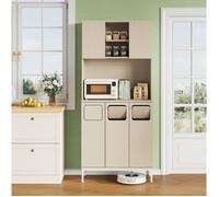 Meuble colonne de cuisine MDF 80 x 35 x 181 cm, niche micro-ondes, zone de tri, blanc et bois clair