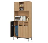 Meuble colonne de cuisine tri des déchets 80 x 35 x 181 cm, 3 compartiments, niche micro-ondes, aspect bois naturel, MDF