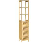 Kleankin Meuble colonne salle de bain 34×30×173 cm porte à lattes 3 étagères bambou