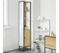 IDMarket – Meuble colonne salle de bain Detroit – 1 porte, miroir et étagères – design industriel