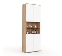 Meuble colonne salle de bain TOMI 4 portes 2 niches façon hêtre et blanc