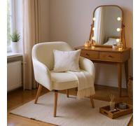 Meuble Cosy Chaise de Coiffeuse Élégante en Tissu Chenille, Fauteuil de Maquillage avec Dossier et Accoudoirs, Pieds Bois Massif, Beige