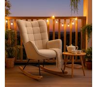 MEUBLE COSY Fauteuil à Bascule de Jardin, Chaise de Détente pour Terrasse et Balcon Couverts, Design Scandinave avec Pieds Bois et Métal, Tissu Non Imperméable