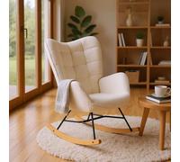 Meuble Cosy Fauteuil de Relaxation, Rocking Chair Confortable, Chaise à Bascule pour Salon en Bouclette avec Pieds Bois et Métal