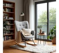 Meuble Cosy Fauteuil de Relaxation, Rocking Chair Confortable, Chaise à Bascule pour Salon en Tissu avec Pieds Bois et Métal, Décor de Boutons