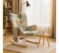 Meuble Cosy Fauteuil de Relaxation, Rocking Chair Confortable, Chaise à Bascule pour Salon en Tissu Patchwork avec Pieds Bois et Métal, Décor de Boutons