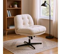Meuble Cosy Fauteuil Salon Chaise Pivotant 360° Fonction d'inclinaison Hauteur Réglable Jambes Croisées sans Accoudoirs roulettes en Bouclette Blanc