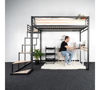 Meuble Cosy Lit Mezzanine avec Escalier, Lit Surélevé 140x200cm pour Chambre d’Enfant, Adolescent ou Adulte, Gain de Place, Structure Métal et Bois, Noir et Chêne